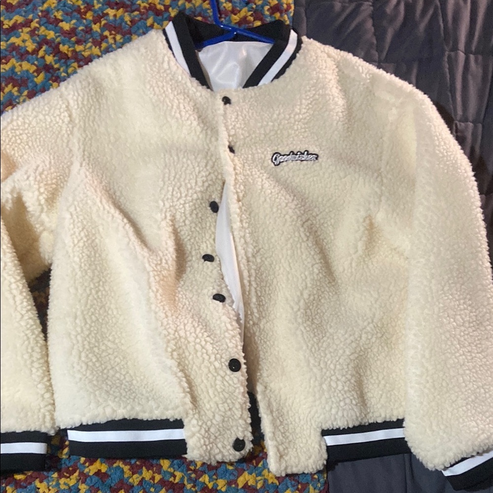 SHEIN Cream Teddy Jacket Plush Varsity Style